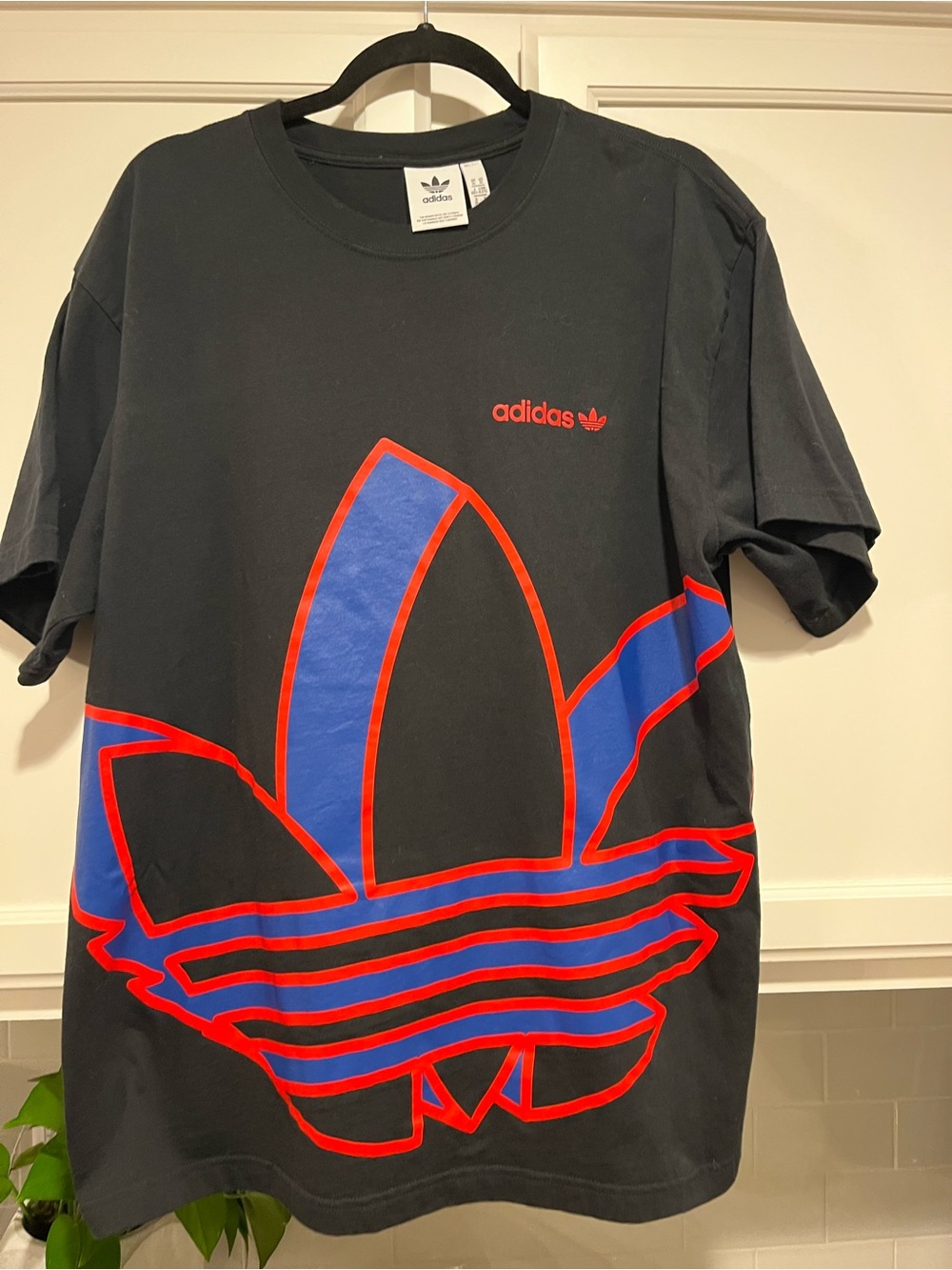 adidas Black Short Sleeve Tee with Blue and Red Trefoil Graphic